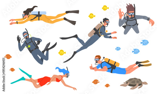 Diving people set. Scuba divers with gear and balloons swim underwater and observe marine life. Man and woman with snorkeling masks. Flat vector illustration collection isolated on background