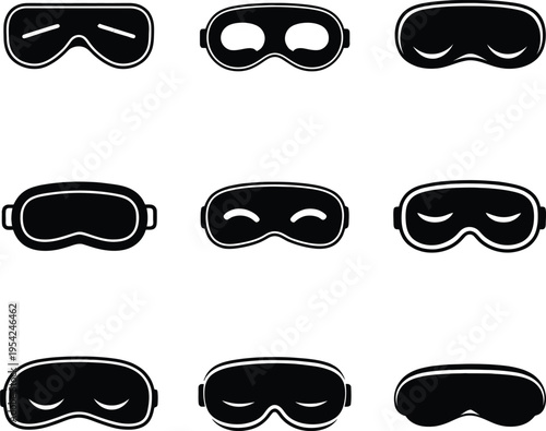 Collection of sleeping mask icons in black and white flat design for nighttime rest travel relaxation and healthy sleep routine concepts.