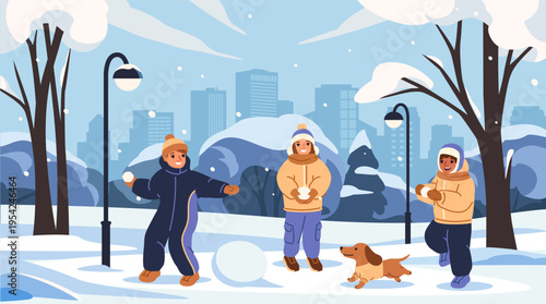 Happy winter day. Cute smiling friends in warm clothes playing snowballs and building snowman in city park. Children spend time together in snowy forest. Cartoon Flat vector illustration