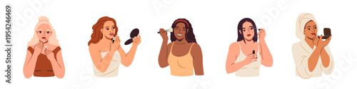 Set of girls doing makeup. Beautiful young women apply cosmetics, lipstick, mascara and powder. Female characters holding beauty products. Flat vector illustration collection isolated on background