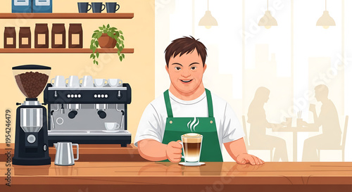 A barista stands behind a counter with a coffee cup in a modern cafe