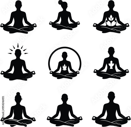 Collection of meditation and yoga silhouette icons featuring various lotus poses with spiritual energy symbols for mindfulness and mental wellness.
