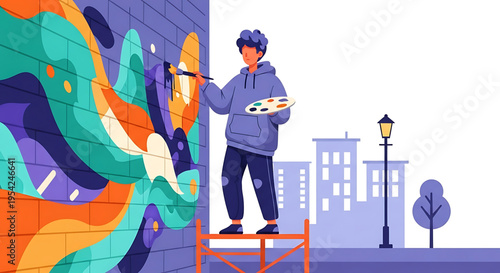 A vibrant street artist creating a colorful mural on a city wall with a paintbrush and palette