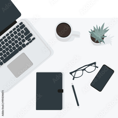 Work from home Home office, Flatlay of a home workspace featuring a laptop, notebook, coffee cup and small plant — clean background with space for text.
