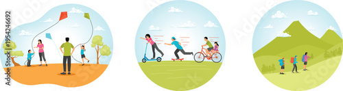 Families enjoying outdoor recreational activities in a scenic environment