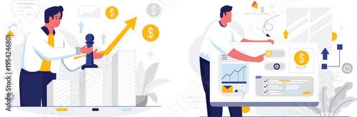Business professionals analyzing growth and financial data on digital platforms