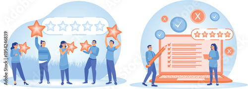 Customers providing feedback and rating services through surveys and reviews