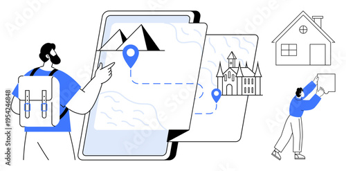 Travel navigation concept. A mobile map with destination pins travel routes and landmarks. Travel includes exploration and outdoor adventures. For apps, tourism, lifestyle, maps, and outdoor