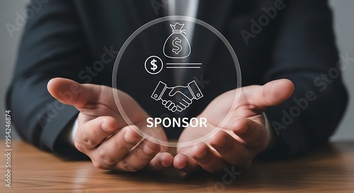 Man in suit presenting sponsorship concept with hands and financial business finance money handshake