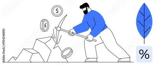 Financial strategies, global trade, income generation, investment, savings, sustainability. Man mining rocks for currency signs and a percentage symbol. Financial growth and income generation concept