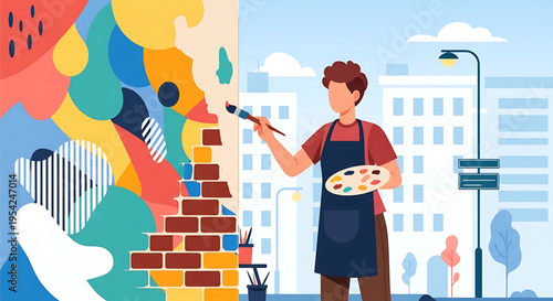 A young artist wearing an apron painting a vibrant mural on a city wall with a brush and palette
