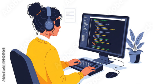 A female programmer wearing headphones works on her computer with coding on the screen in a modern office setting.