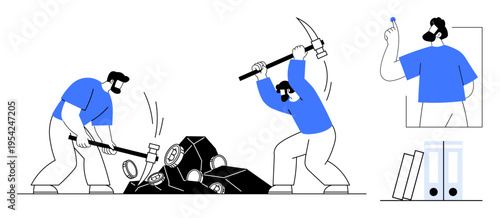 Mining, resource extraction, productivity, labor, research, processing. Two workers using tools to mine rocks for gems. Mining and resource extraction concepts