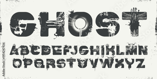 A vector art font for word-images with bull and human scull, streaks, and scratches. Capital Letters. Horror, grunge, and urban. Madness, post-apocalypse, and underground. Punk posters, comics.