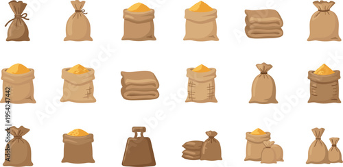 Collection of brown money bags and sacks with gold coins on white background for business finance illustrations
