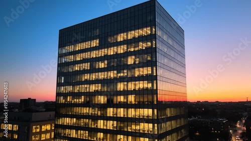 Office building with illuminated windows at sunset in a cityscape