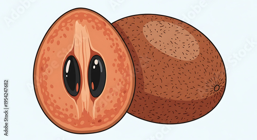 A vibrant vector illustration of a cut open passionfruit with its seeds and pulp visible, next to a whole passionfruit on a clean background.