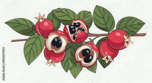 A vibrant illustration of pomegranates and leaves on a branch, showcasing a colorful and healthy fruit symbol