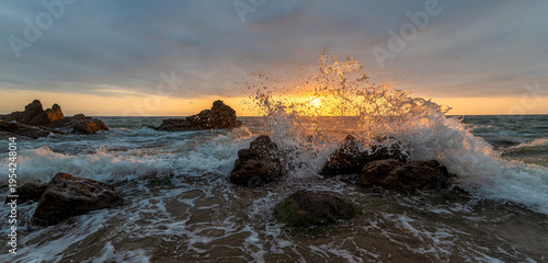 Sunset Ocean Header Banner Seascape Tropical Water Splashing Inspirational Beautiful Nature Scenic Sunrise Rocks