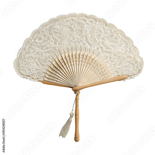 Elegant Lace Hand Fan with Wooden Base and Tassel on Black Background