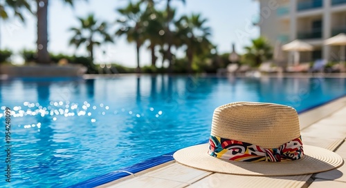 Straw hat placed near a swimming pool edge with bright blue water reflections, sunny summer atmosphere capturing a relaxed vacation lifestyle concept.