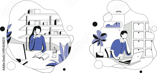 Two individuals immersed in thought within their own mental workspaces.