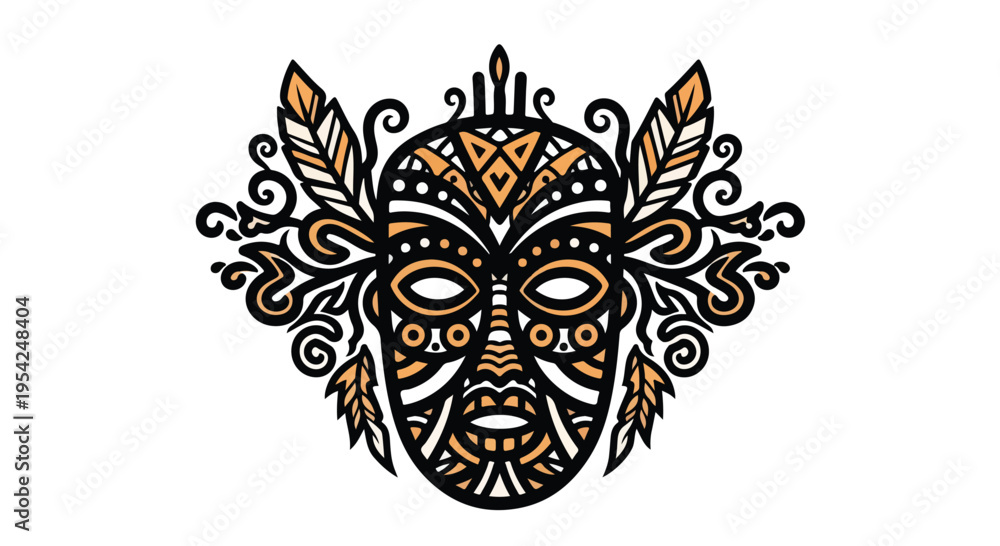 Fototapeta premium Decorative tribal mask emblem, bold central mask with thick outlines and patterned fills, ornamental tribal details, logo-style composition, flat vector, isolated background, no text
