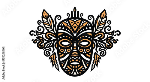 Decorative tribal mask emblem, bold central mask with thick outlines and patterned fills, ornamental tribal details, logo-style composition, flat vector, isolated background, no text