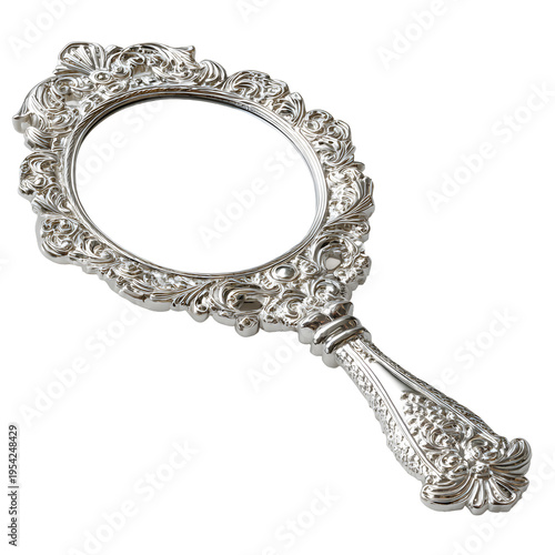 Elegant Silver Ornate Hand Mirror with Intricate Design, Black Background