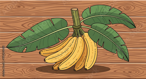 A vibrant illustration of a bunch of bananas with large green leaves on a wooden background
