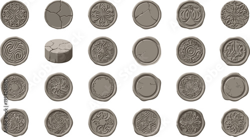 Collection of various grey wax seals with intricate designs and patterns on white background for branding and authentication