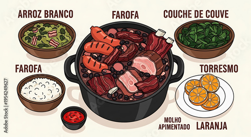 A vibrant vector graphic illustration of traditional Brazilian barbecue foods with various dishes labeled in Portuguese