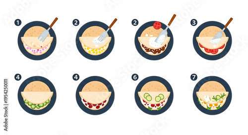 A vector graphic illustration showing the step-by-step process of making a taco with various ingredients