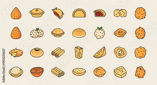 A colorful vector graphic illustration of various sweet and savory baked goods and fruits