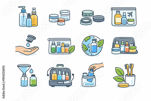 Refill icons reusable vector system travel controlled reduced containers organized icon toiletry