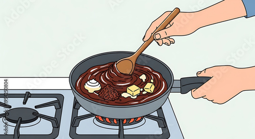 A person stirring a pan of chocolate sauce on a gas stove with a wooden spoon in a modern kitchen setting.