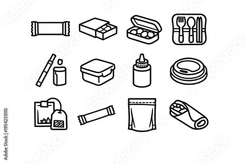 Bar lid icons snack food bottle straw icon set compact pouch vector