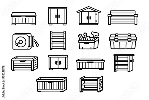 Box generation reel chest storage bench icon image simple unit weatherproof vector