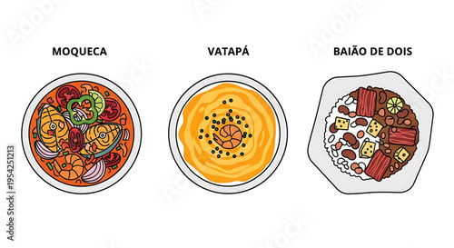 A vibrant illustration of three traditional Brazilian dishes, Moqueca, Vatapá, and Baião de Dois, presented in a colorful and appetizing vector graphic