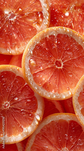 Fresh grapefruit slices texture background with water droplets macro citrus fruit pattern