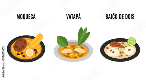 A colorful vector graphic illustration of three traditional Brazilian dishes, Moqueca, Vatapá, and Baiço de Dois, presented in a flat design style.