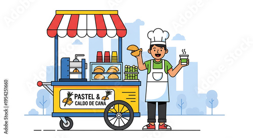 A cheerful cartoon chef standing next to a colorful food cart serving pastries and drinks