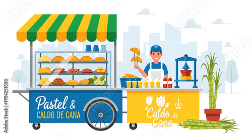 A vibrant street food cart illustration with a vendor serving traditional pastries and sugarcane juice