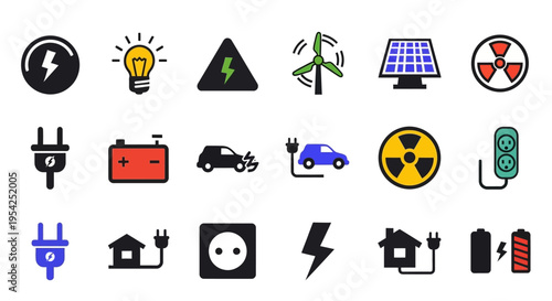 Collection of electrical energy and power icons, including renewable energy, battery, plug, and power outlets