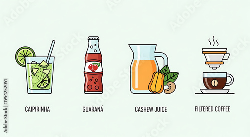 A colorful vector graphic illustration of various popular beverages, including Caipirinha, Guarana, cashew juice, and filtered coffee.