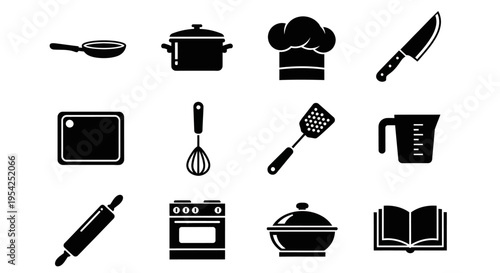 Collection of kitchen utensils and cooking equipment icons for culinary art and food preparation