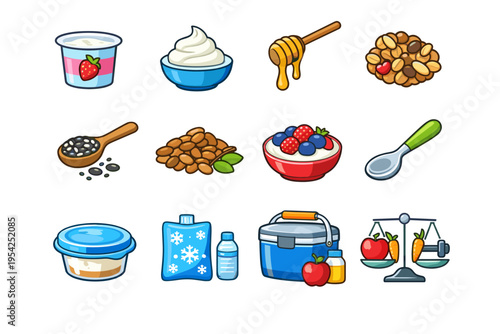Cooler icons vector yogurt icon seeds chia cluster swirl spoon topping snacks