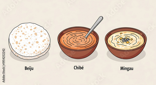 A vector graphic illustration of traditional Brazilian foods, including Beiju, Chibé, and Mingau, depicted in a flat, minimalist style.