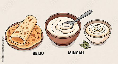 A vector graphic illustration of traditional Brazilian food items, including beiju and mingau, in a flat and minimal design style.