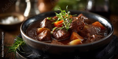 Silky smooth Vlaamse Karbonade Belgian beef stew cooked rich beer wine transport winter night Ghent clean professional stock photo sharp macro photography style cinematic realism ultra photorealistic